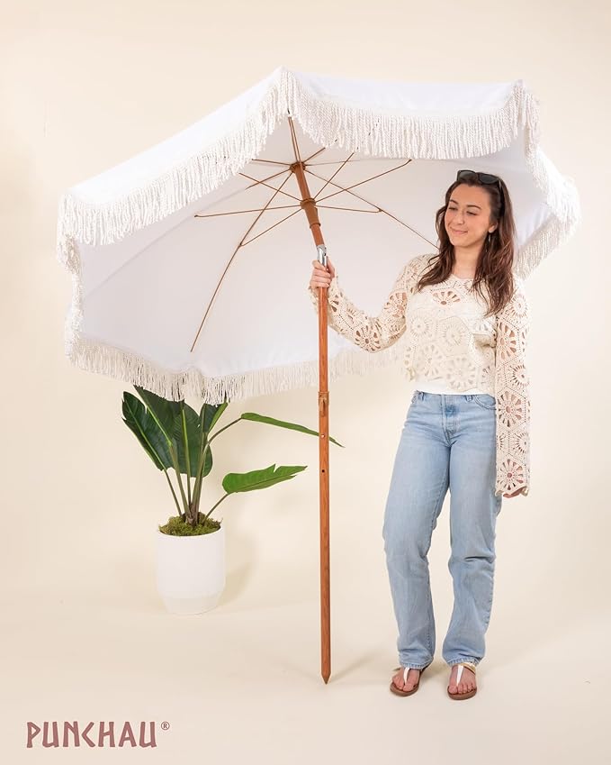 6 Ft Fringe Patio Umbrella - Outdoor Umbrella for Patio, Pool, Table, Garden, Deck, Beach, and Outdoors - Fashionable Boho Vintage Tassels & Wood Print - Push Button Tilt Pole