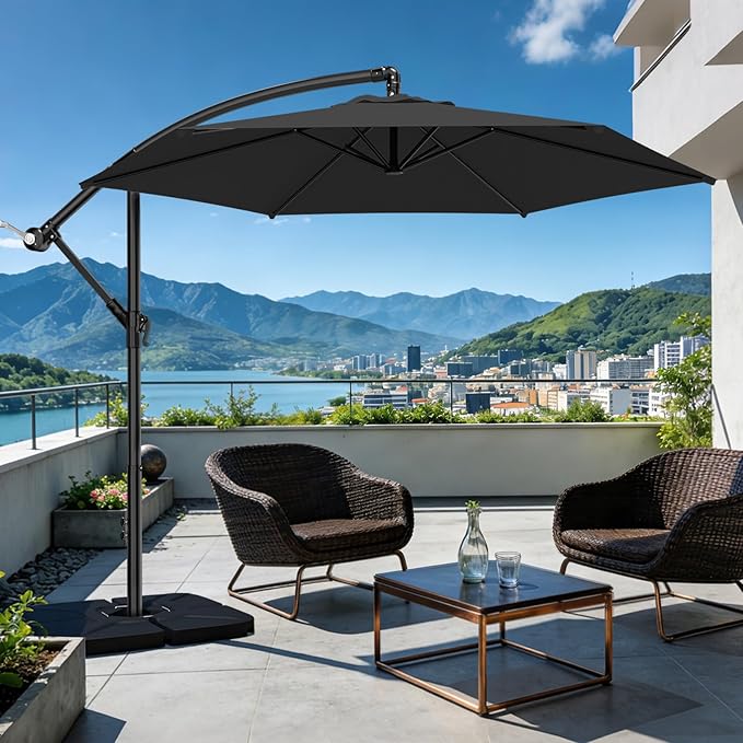 AreShark 10FT Patio Outdoor Umbrella, Offset Patio Umbrella Cantilever Umbrella, 6 Sturdy Ribs, Easy Adjustment for Garden Market Pool with Cross Base (Black)