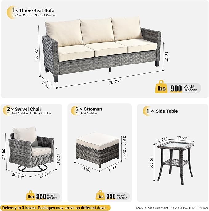 ovios 6 Pieces Patio Furniture Set, Outdoor Wicker Rattan Sofa Couch with Swivel Glider Chairs Comfy Cushions, Modern Conversation Set for Deck Backyard Porch, Beige