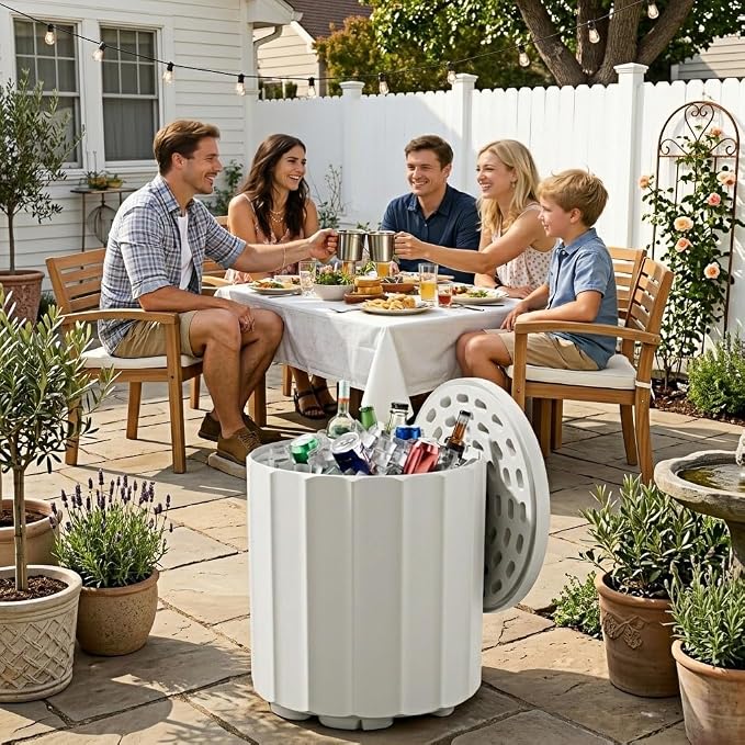 Outdoor Cooler Side Table, 2-in-1 Versatile Ice Cooler Table All-Weather Resistant, Broad Fluted Outdoor Accent Table with Hangable Lid for Patio Decor, Deck, BBQ, Beach, White