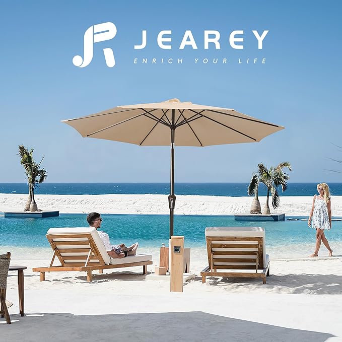 JEAREY 10FT Outdoor Patio Umbrella Outdoor Table Umbrella with Push Button Tilt and Crank, Market Umbrella 8 Sturdy Ribs UV Protection Waterproof for Pool, Garden (Cream Beige)