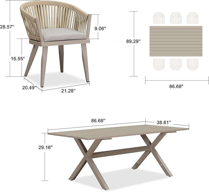 PURPLE LEAF 7 Pieces Longer Outdoor Dining Set with Patio Aluminium Dining Table and Wicker Chairs Modern Furniture Cushions Sets for Backyard Indoor Decor Kitchen Champagne
