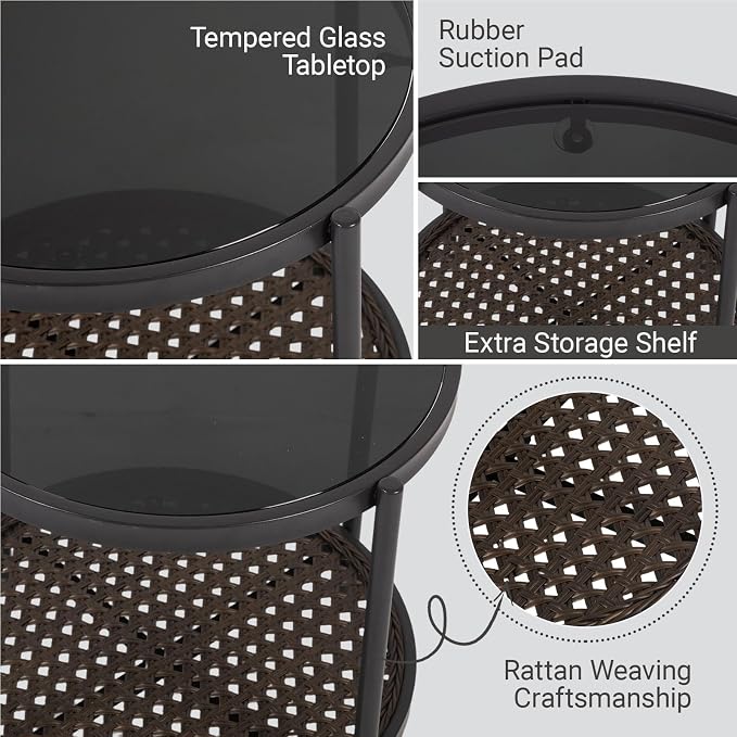 Outdoor Rattan Coffee Table - Patio Wicker End Table with Extra Storage Shelf, Rattan Outdoor Side Table with Round Glass Tabletop for Garden, Backyard, Porch, Black Gold