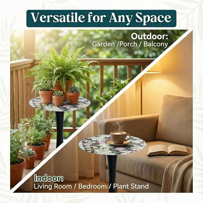 Gesodant 13.4" Outdoor Side Table, Round Patio Bistro Table with Boho Tempered Glass Top, Waterproof Rust-Proof Base, Small Plant Stand for Balcony, Garden, Deck, 21.6" H (William Morris)