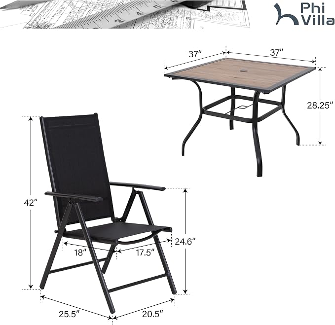 PHI VILLA Outdoor Patio Dining Set for 4, Patio Table and Chairs Set with Folding Patio Chairs & Square Wood Like Top Table for Garden, Deck and Lawn, Black