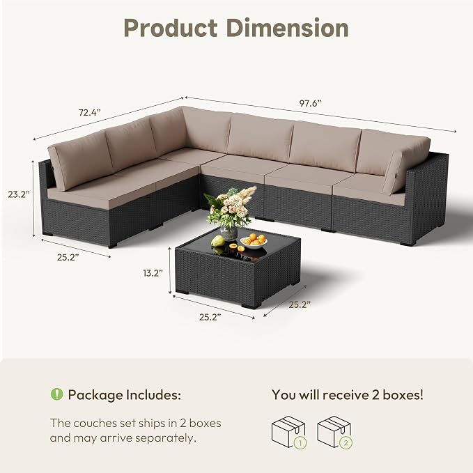 Patio Furniture Set - All-Weather - 7 Piece Patio Outdoor Conversation Set, Modular Wicker Rattan Sectional Sofa for Backyard, Garden, Poolside, Balcony, Porch, Patio,Black/Khaki
