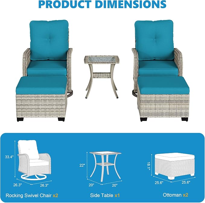 5-Piece Small Patio Furniture Set, Outdoor Swivel Rocking Chairs Set with Ottomans, Patio Bistro Set for Balcony, Deck, Porch, Lake Blue