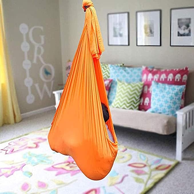 Indoor Hanging Hammock Sensory Therapy Adjustable Swing for Children Teens Kids Sensory Integration Outdoor 200kg Load Capacity (Color : Gold, Size : 150 x 280 cm)