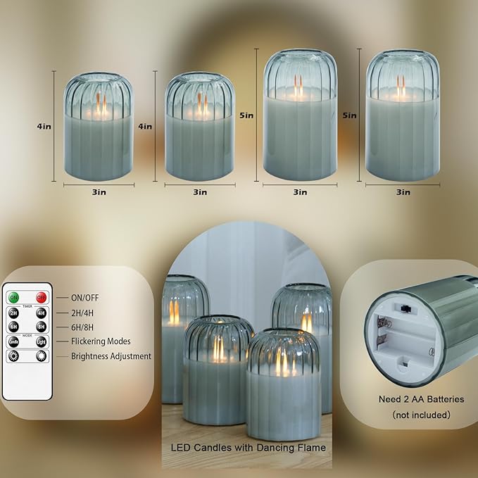 Lezonic Glass Flameless Candles Battery Operated with Remote, Dancing Flame LED Flickering Pillar Candles, Set of 4 Real Wax St. Patrick's Day Gift Fall Decorations for Home Room Decor (Pumpkin Green)