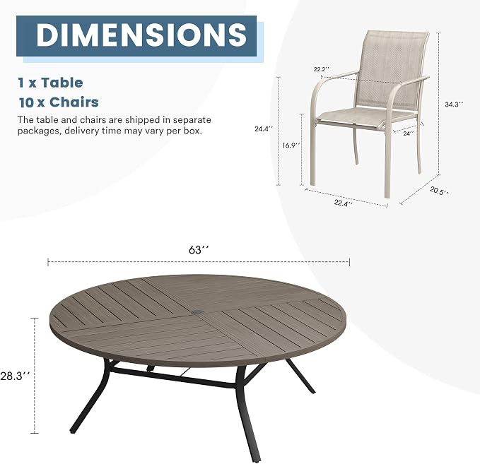 DIFY 11 Pieces Outdoor Patio Dining Set for 10, 63" Grey Wood-Like Round Metal Patio Table and 10 Sandshell Stackable Textilene Patio Chairs, Outdoor Table and Chairs for Backyard Garden Poolside