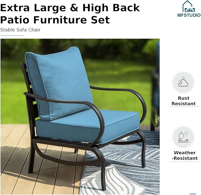 MFSTUDIO 4 Piece Patio Conversation Sets, All Weather Metal Frame Outdoor Furniture Set Patio Sofas with 1 x 45 Rectangular Fire Pit Table, 1 x 3-Seat Sofa, 2 x Sofa Chairs, Navy Cushion