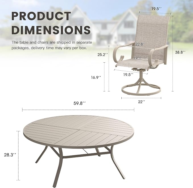 9 Pieces Patio Dining Set, 8 Outdoor Swivel Dining Chairs with 60.1" Round Metal Outdoor Dining Table with Umbrella Hole for Garden Backyard Deck, Sandshell
