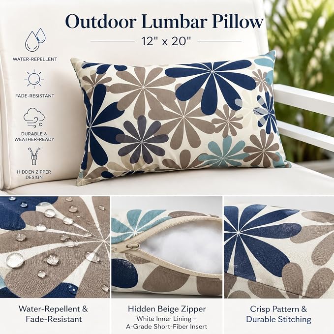 2 Pack Outdoor Lumbar Pillows 12x20 Windmill | Set of 2 rectangular 12x20 outdoor lumbar pillows with inserts, water-repellent covers, hidden zippers, and Windmill print.