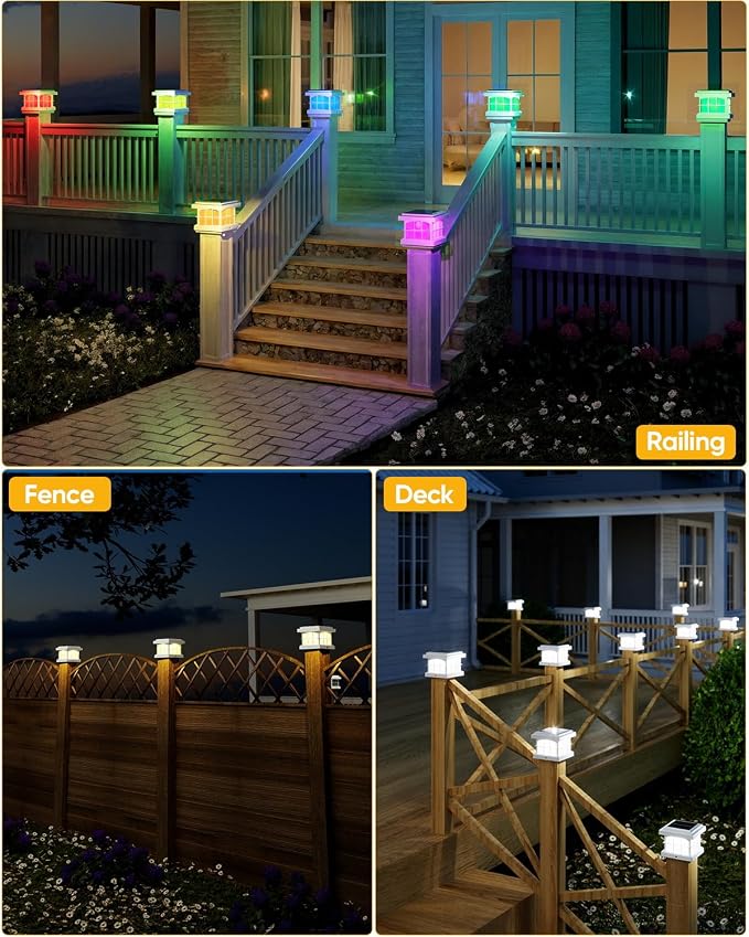 RGBCW Solar Post Cap Lights 8-Pack, 9 Colors 3 Modes Fence Cap Lights, Bright Solar Outdoor Waterproof LED Deck Lighting for Fence Garden Deck Patio Porch Decor 4x4 Vinyl/Wood, White