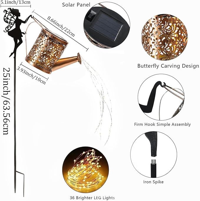Solar Watering Can Lights,Garden Decor Solar Fairy Watering Lantern, LED Solar Fairy Outdoor String Lights, Star Shower Garden Light for Patio Path Tree Lawn Patio Path(with Hook)