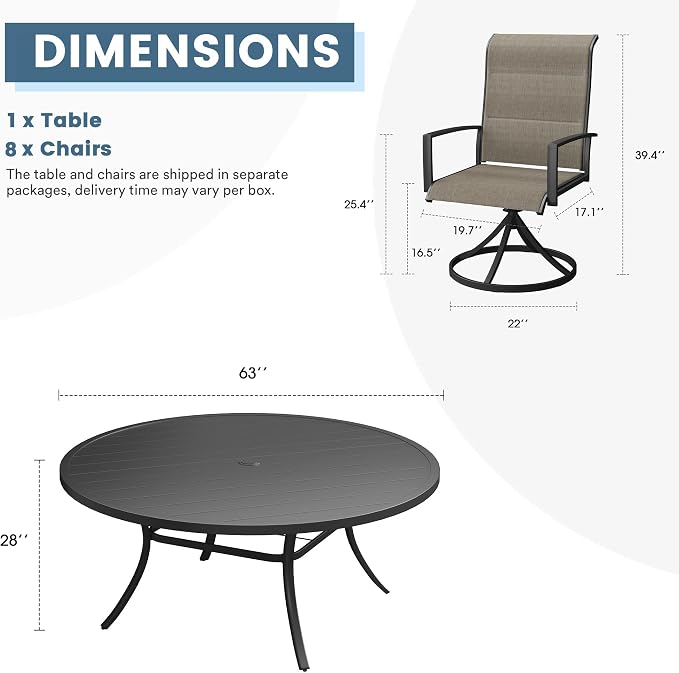 DIFY 9 Piece Outdoor Patio Dining Set for 8, 63" Black Round Metal Dining Table and Swivel Patio Chairs with Brown Padded Textilene, All-Weather Outdoor Furniture Set for Garden Backyard Porch