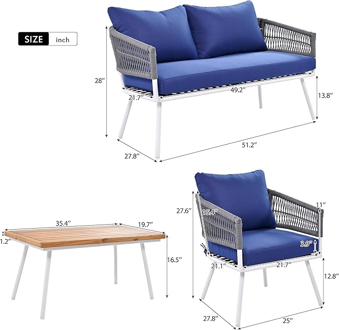 GOWE 4-Piece Boho Rope Patio Furniture Set, Outdoor Furniture with Acacia Wood Table, Patio Conversation Set with Deep Seating & Thick Cushion for Backyard Porch Balcony, Navy Blue