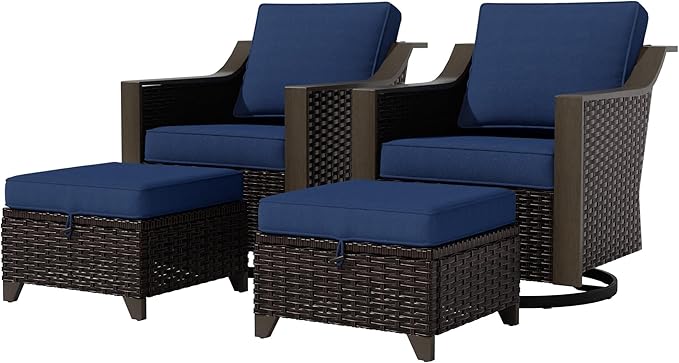 4 Piece Wicker Patio Conversation Set, All-Weather Use Outdoor 2 PE Rattan Swivel Chair, 2 Ottoman, Removable Water-Resistant Cushion, Ideal for Porch, Backyard, Balcony, Poolside, Blue