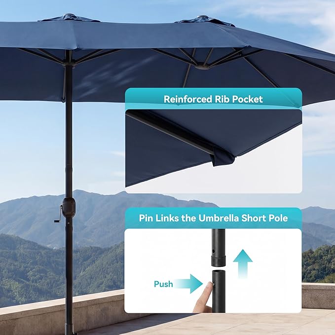 COSIEST 15FT Patio Umbrella with Base Included, Outdoor Double-Sided Table Umbrella,Large Rectangular Market Umbrella w Crank Handle for Garden, Pool, Deck Shade, Navy Blue