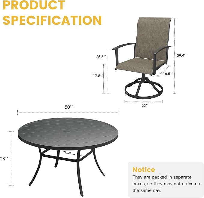 VICLLAX 7 Pieces Patio Dining Set, Outdoor Dining Set for 6-50" Round Outdoor Table and Swivel Patio Chair Set for Deck, Lawn and Garden, Black Table and Chairs