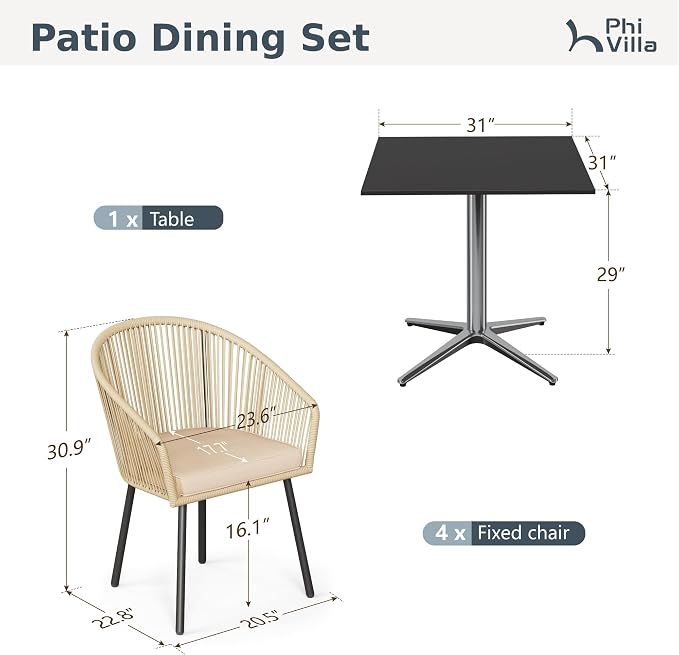 PHI VILLA 5-Piece Patio Dining Set, 31" Square Table, Wicker Chairs | Outdoor dining set for 4, Metal table with umbrella hole, Cushioned brown wicker chairs. Modern design for patio, deck, porch