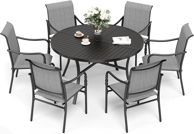 SUNSHINE VALLEY Patio Table and Chairs Set of 6, All-Weather Breathable Textilene Patio Chair with Gourd-Shaped Armrests, 54x54 Round Table with Umbrella Hole, 7 Pcs Metal Frame Patio Dining Set