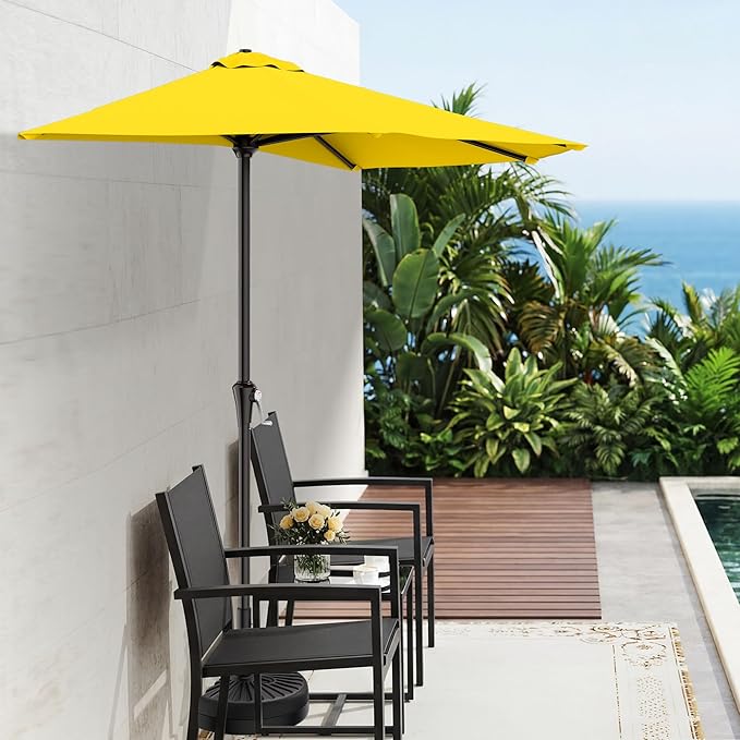 AreShark 9FT Half Patio Umbrella, Outdoor Wall Umbrella with Crank & 5 Sturdy Ribs, Table 1/2 Umbrella Patio for Garden, Deck, Balcony and Pool, Yellow