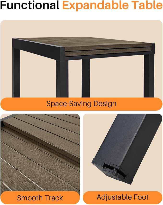 Extendable Outdoor Dining Table for 4-8 Person, Never-Rust Aluminum Expandable Patio Dining Table, 38"-77" Adjustable Square/Rectangle Extendable Patio Table for Garden, Lawn, Deck, Limed Oak