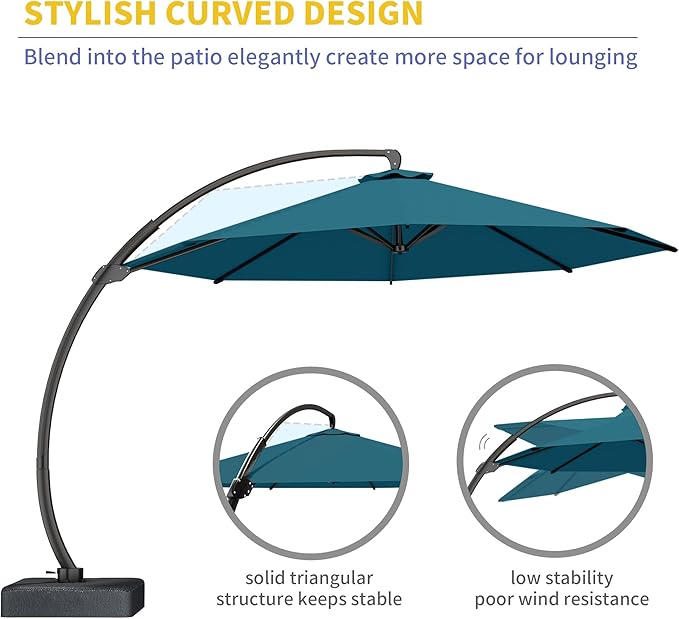 Kingdura 12ft Offset Cantilever Patio Umbrella with Base Included, Large Round Aluminum Outdoor Umbrella, 360° Rotation & Infinite Tilt, Heavy Duty Frame for Deck Pool Backyard, Lake Blue