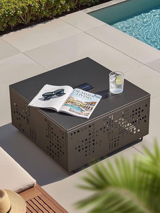 27" Outdoor Solar-Light Coffee Table with Geometric Cut-Out Design, Square Accent Coffee Table with Umbrella Hole, All Weather-Resistant Side Table for Patio, Garden, Deck, Grey