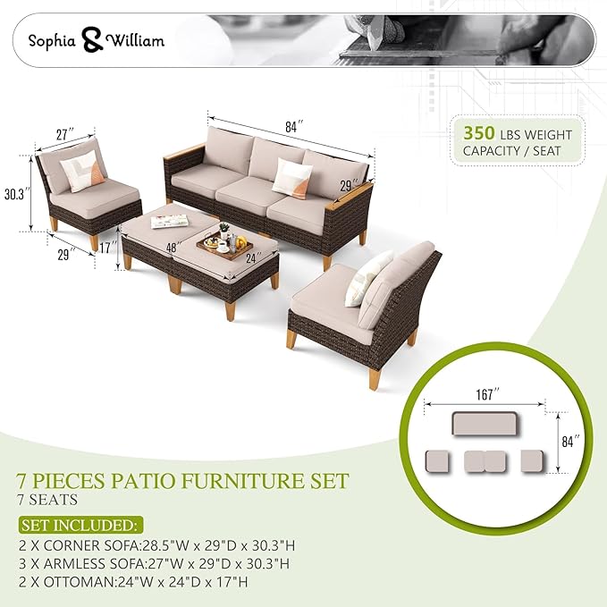 Sophia & William Wicker Patio Furniture Set, Outdoor Rattan Sectional Sofa 7 Piece Patio Conversation Set with 2 x Corner Sofa, 3 x Armless Sofa, 2 x Ottoman for Deck, Backyard, Pool,Beige