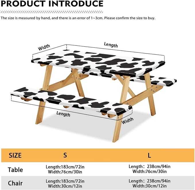 Cow Print Fitted Picnic Table Cover with Bench Covers Abrasion Resistant Picnic Table Cover Dustproof Waterproof 3 Piece Picnic Table Cover Set Fits Rectangular Tables and Seats 94x30 Inches