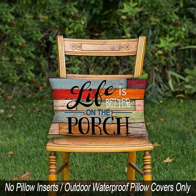 Porch Decor Patio Pillows Outdoor Lumbar Pillow Covers 12x20 Waterproof | No Inserts, Set of 4 Porch Pillows Outdoor Waterproof, Patio Furniture Pillows, Colorful Porch Pillows, Weather Resistant