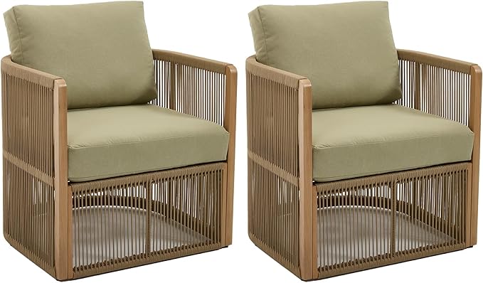 Aluminum Outdoor Dining Chairs, Olefin Rattan Patio Dining Chairs Set of 2, Modern Accent Chair with Highback, All Weather Rust Resist Armchair, Outdoor Patio Sofa Couch for Yard/Garden, Green
