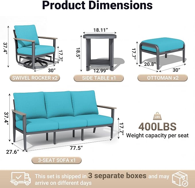 Aluminum Outdoor Patio Furniture Set, 6-Piece Outdoor Sofa with 5.1" Thick Cushions, Swivel Rocking Chairs, Outdoor Couch with Ottomans, for Porch, Garden, Blue