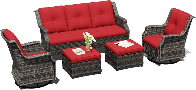 Outdoor Patio Furniture Set, 5 Piece Wicker Patio Furniture with Thick Cushions, Curved Armrest, Deep Seating, Outdoor Swivel Rocker Chairs for Porch, Deck, Balcony