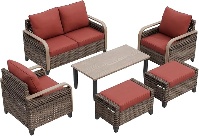 EAGLE PEAK Modern Wicker Outdoor Patio Furniture Set, Patio Conversation Set, 2 Chairs, 2-Seat Loveseat, 2 Ottomans and Coffee Table, 6 Pieces, Brown/Red