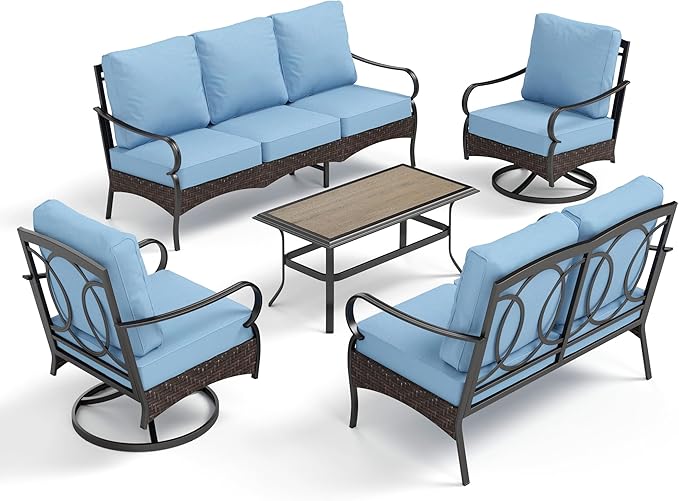 PHI VILLA Outdoor Modern Patio Furniture Set, Upgraded Wicker & Metal Patio Conversation Set with Waterproof Thick Cushions for Porch, Poolside, Yard (5 Pieces,Blue)
