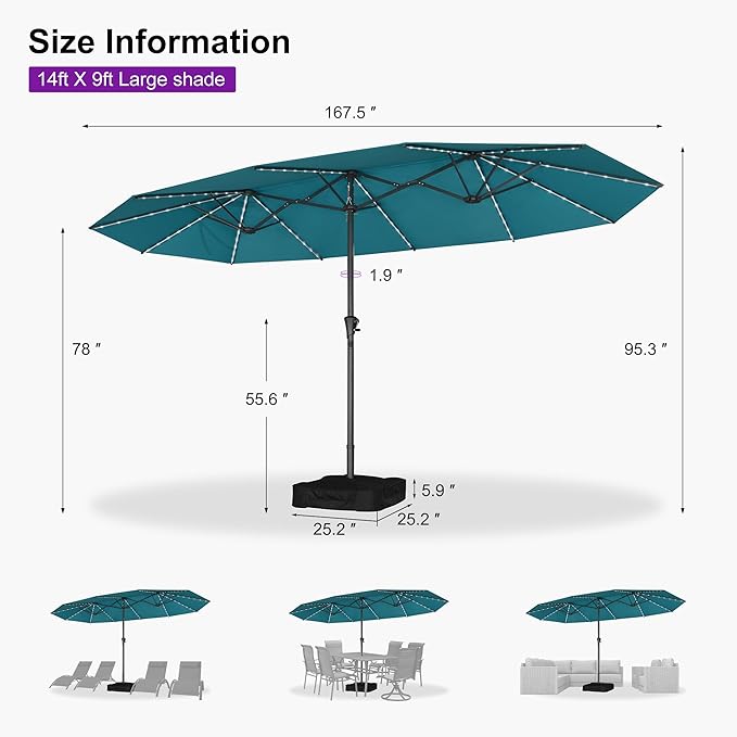 PURPLE LEAF 14ft Patio Umbrella with Solar Lights Outdoor Double-Sided Market Umbrella with Base Included Rectangle Table Umbrella for Pool Garden Backyard, Turquoise
