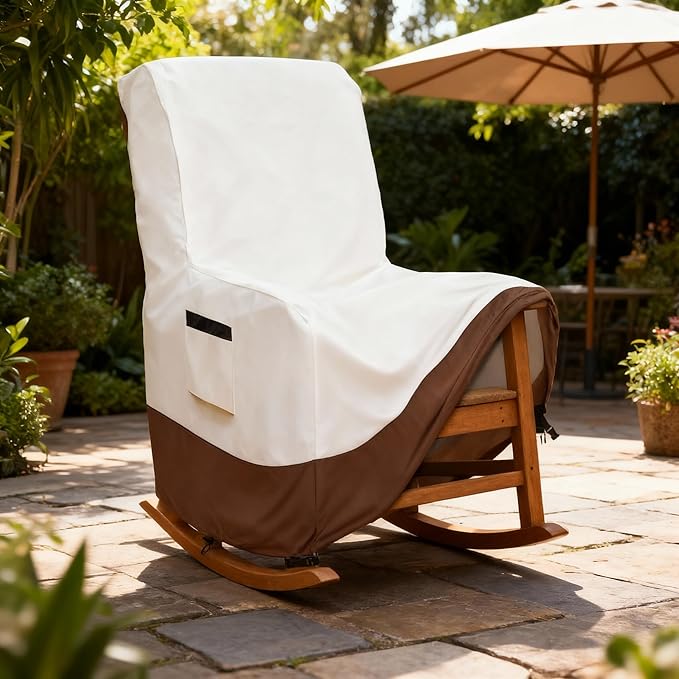 Outdoor Rocking Chair Covers, 600D Heavy Duty Waterproof Patio Recliner Chair Cover, Outdoor Furniture Covers Waterproof for Lawn/Garden Patio Rocking/Recliner Chair, Beige&Brown