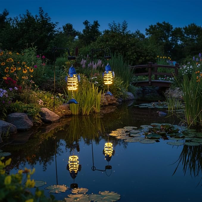 2 Pack Fish Solar Lights Outdoor Hanging Lantern with Handle, Solar Powered Fish Garden Decor for Outside Patio Yard Porch Pathway Fish Gifts for Women (Warm White LED Lights)