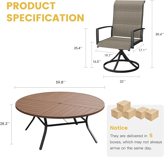 VICLLAX Patio Dining Set for 8, 8 Seats Outdoor Furniture Includes 59.9" Round Patio Table and Swivel Padded Chairs, Walnut Tabletop and Mixed Brown Fabric