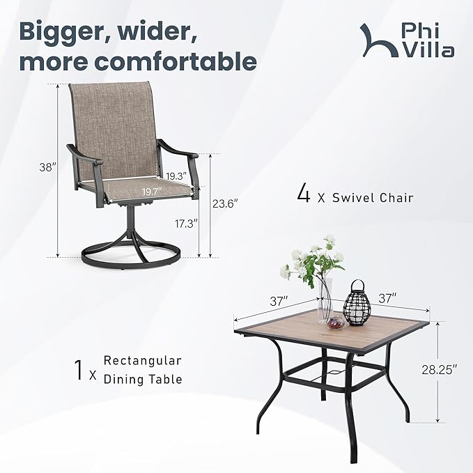 PHI VILLA 5 pcs Patio Dining Set,Outdoor Swivel Dining Chairs 4 and Metal Dining Table with PVC Table Top,Quick-Dry Textilene Fabric and Sturdy Metal Frame,Outdoor Table and Chairs for Yard