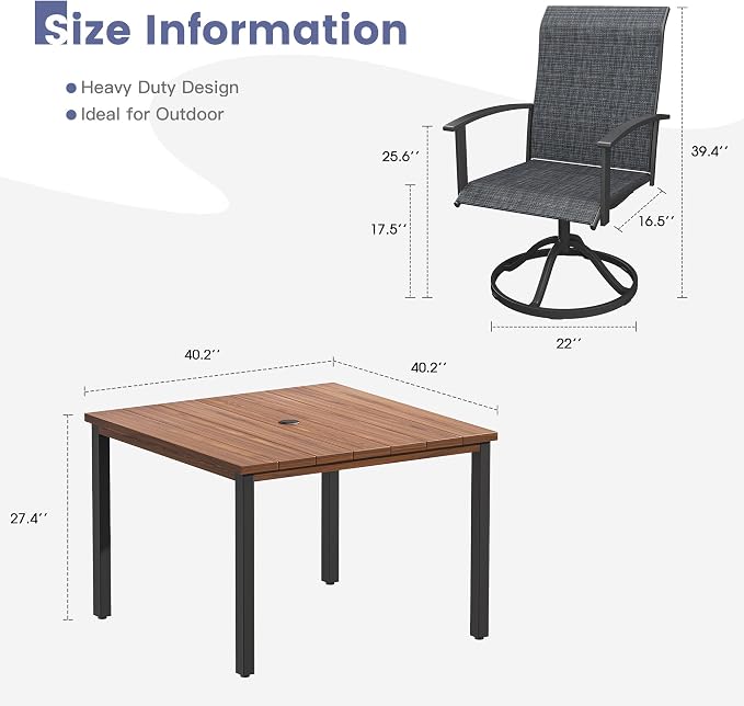 VICLLAX 5 Pieces Patio Dining Set, Patio Furniture Set of Metal Outdoor Table with Umbrella Hole and 4 Swivel Patio Chairs for Backyard Lawn, Charcoal & Walnut