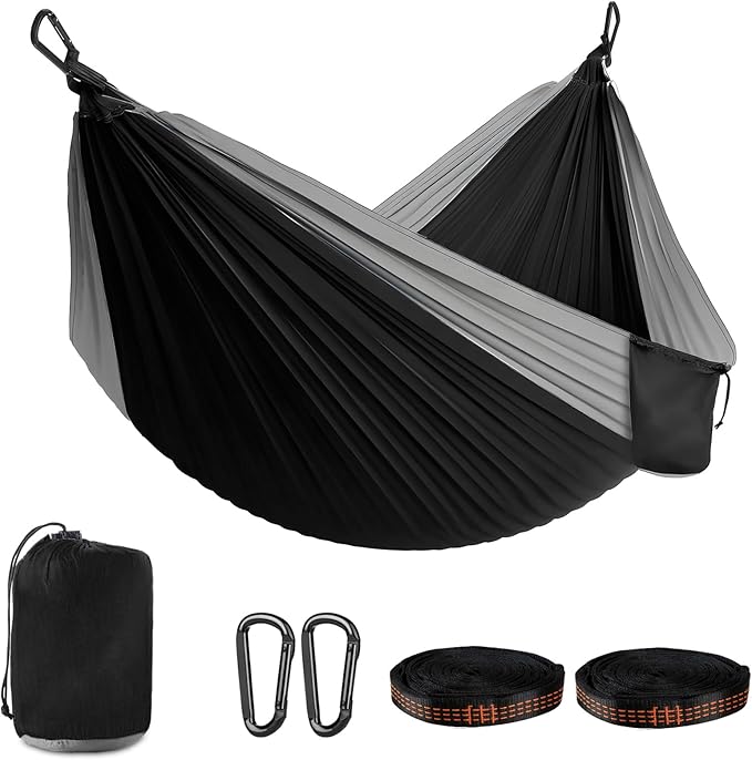 PeakPursuit Camping Double Hammock, Portable Hammock with Tree Straps, Tree Hammocks, Perfect for Outside Indoor Hiking Beach Backpack Travel, Black