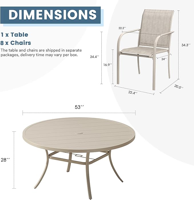 DIFY 9 Pieces Outdoor Patio Dining Set for 8, 53" Sandshell Round Metal Dining Table and 8 Sandshell Stackable Sling Dining Chairs, Outdoor Table and Chairs for Lawn Garden Backyard Deck
