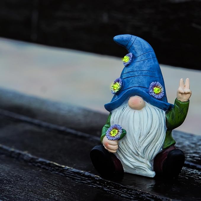 Peace Gnome Garden Statue - Original Design - Blue Peace Gnome Design for Yard, Lawn, Patio, Porch - Garden Decoration - Solar Light - Mom - Grandmother Outdoor Decor & Unique