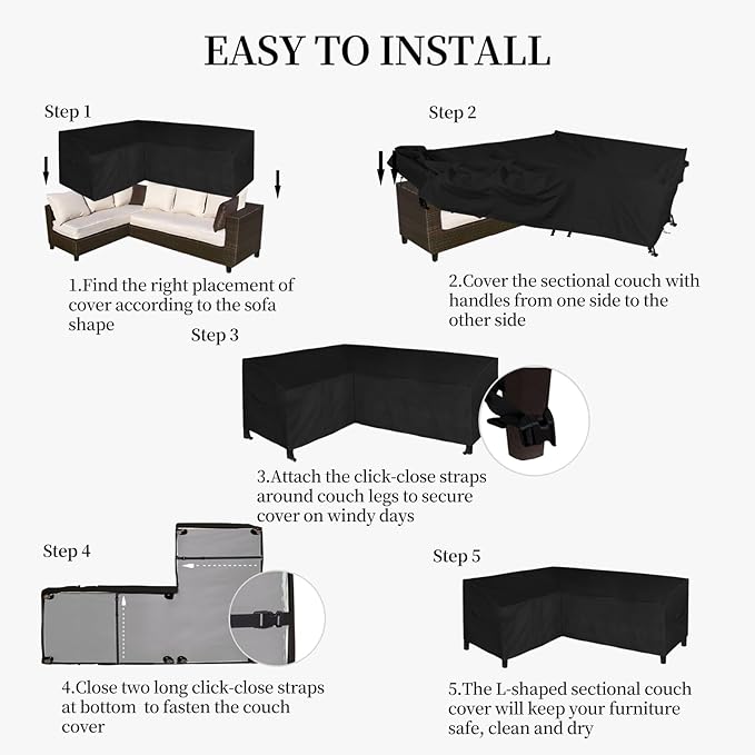 Easy-Going Patio L-Shaped Sectional Sofa Cover, 58"X85" Waterproof Heavy Duty Outdoor Garden Furniture Cover with Air Vent (Left Facing, Black)