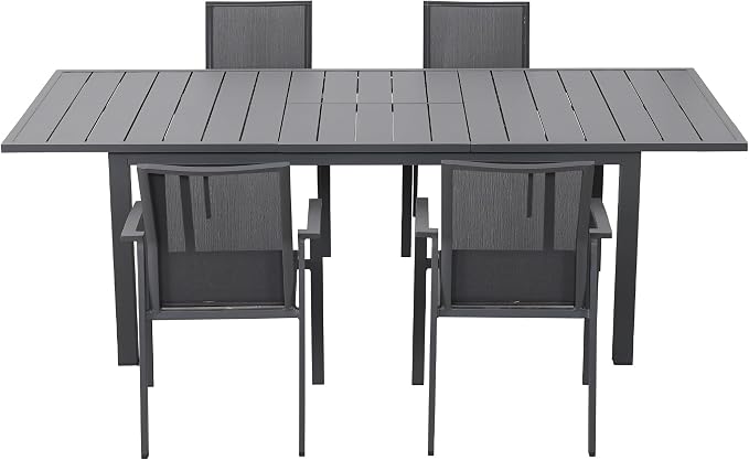 Wisteria Lane Outdoor Patio Dining Set, 5 Piece Aluminum Modern Outdoor Table and Chairs Set for 4, Metal Expandable Patio Table & 4 Stackable Textilene Chairs for Balcony Deck Backyard, Grey