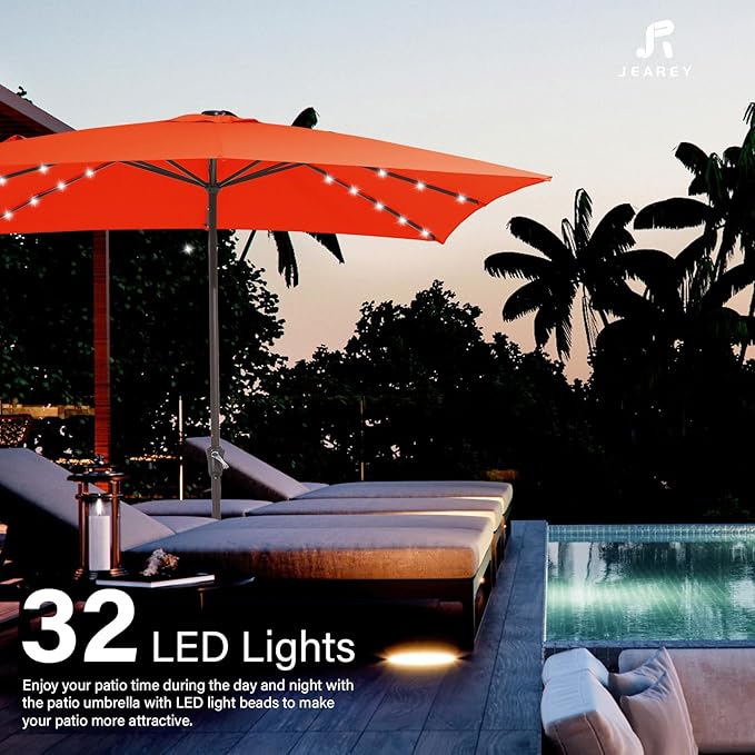 JEAREY 8x10 ft Rectangular LED Lighted Patio Umbrellas Outdoor Solar Table Market Umbrella w/Crank, 8 Sturdy Ribs, UV Protection Waterproof Sunproof(Orange)